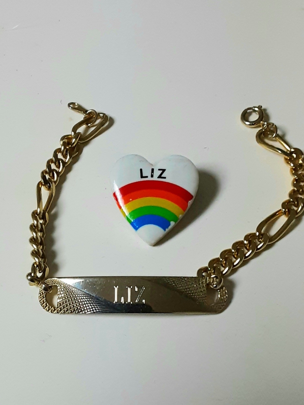 Personalized LIZ Heart Rainbow Pin & Gold Tone Engraved Nameplate Bracelet